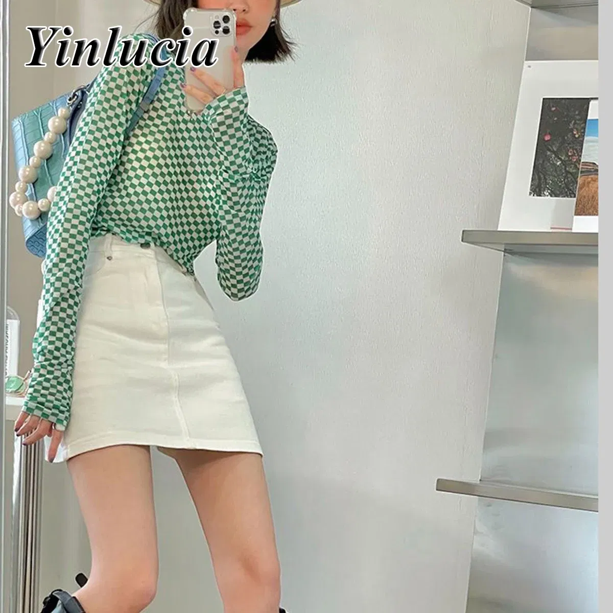 Color: Beige, Size: L, Ships From: CN - Checkerboard Tee Elastic Slim Tops Women Blouses Sexy Mesh Ice Silk Thin Base Shirt Blouse Hot Babes Pullover Y2K Street Wear