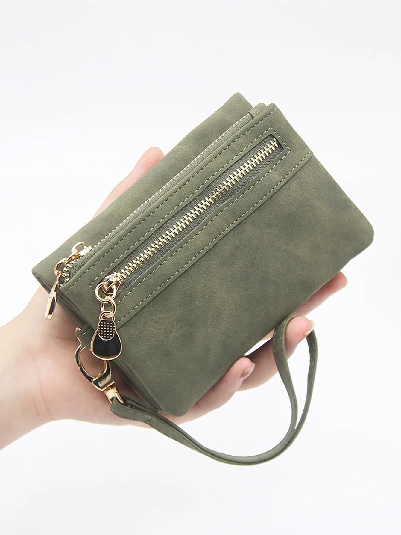 Color: army green - Retro foldingzipper wallet high-quality PUleather portablemultifunctional women's walletfashionable withID card window wrist bag