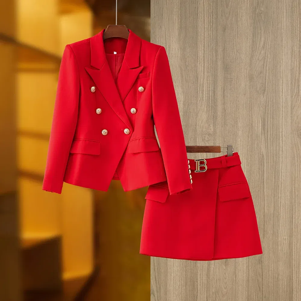 Color: Red, Size: M, Ships From: CN - New Arrival Elegant Style Lady Office Work Suit Double-breasted Long Sleeve Fitted Blazer A-line Pencil Mini Skirt Women 2Pcs