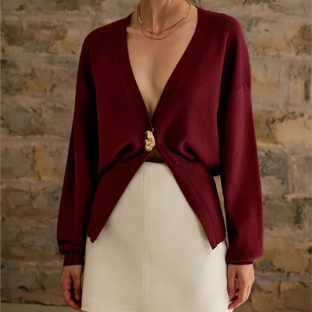 Color: Dark Brown, Size: S - Women's Knitted Sweater with Elegant Temperament, Solid Color, Long Sleeved Buttons, Knitted Open