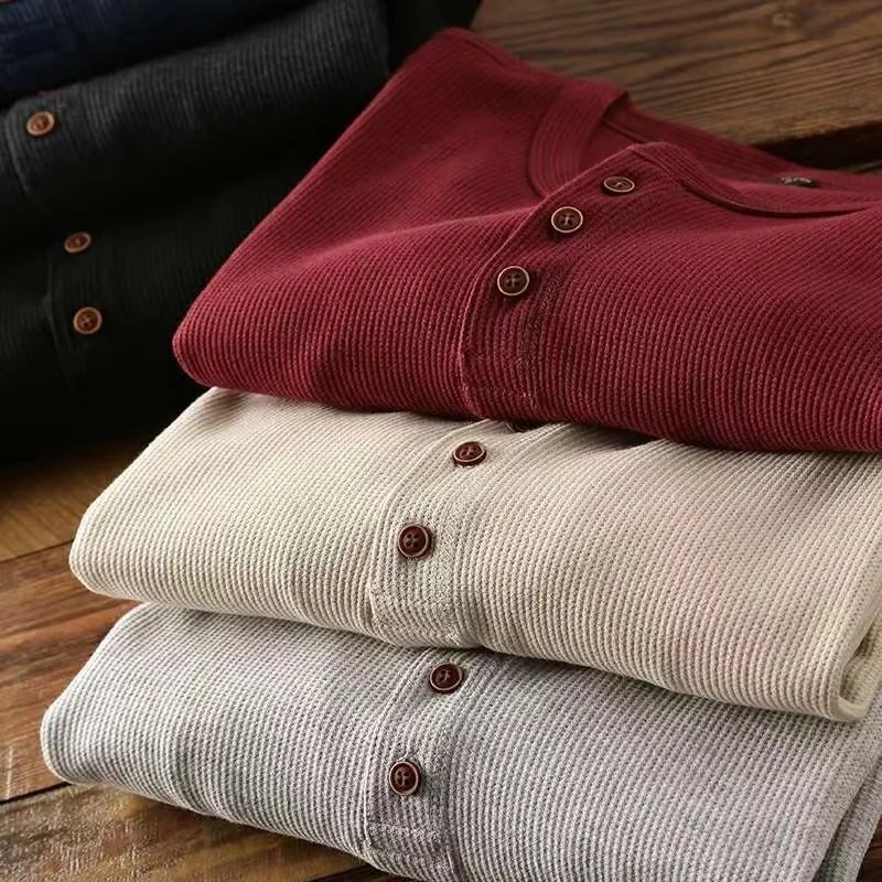 Color: GRAY, Size: XXL, Ships From: CHINA - Slim Fit Mens Basic Tee Casual Tshirts Henley Waffle Long Sleeve Shirts Thermal Solid Half Button Breathable 100% Cotton Shirts