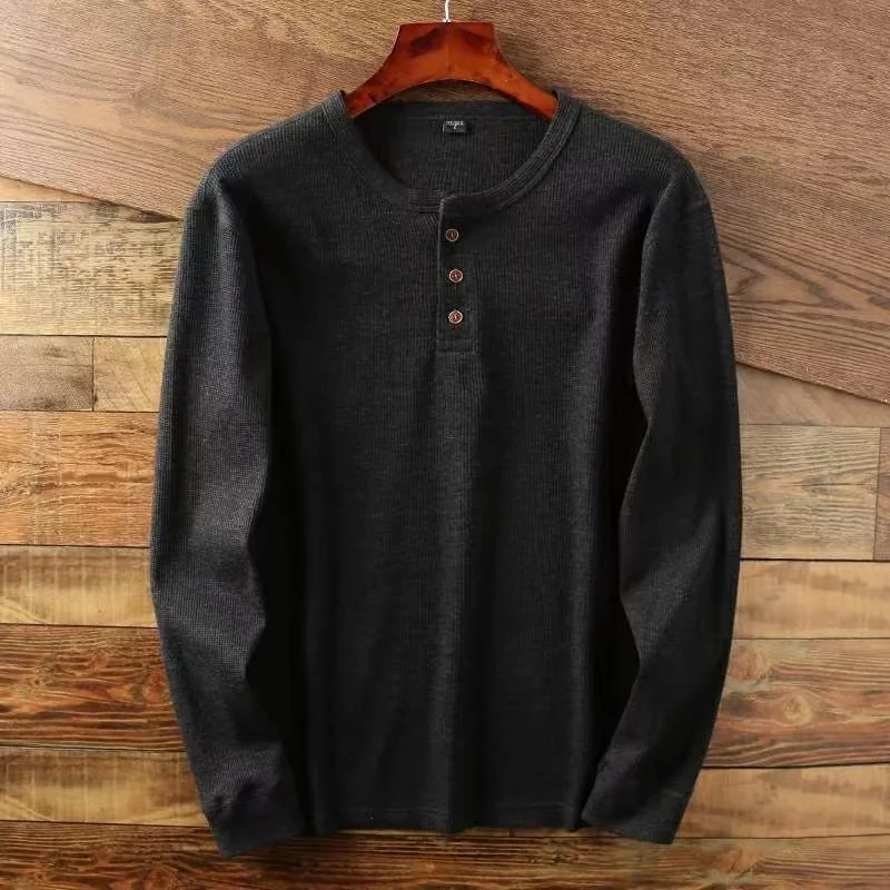 Color: GRAY, Size: XXL, Ships From: CHINA - Slim Fit Mens Basic Tee Casual Tshirts Henley Waffle Long Sleeve Shirts Thermal Solid Half Button Breathable 100% Cotton Shirts