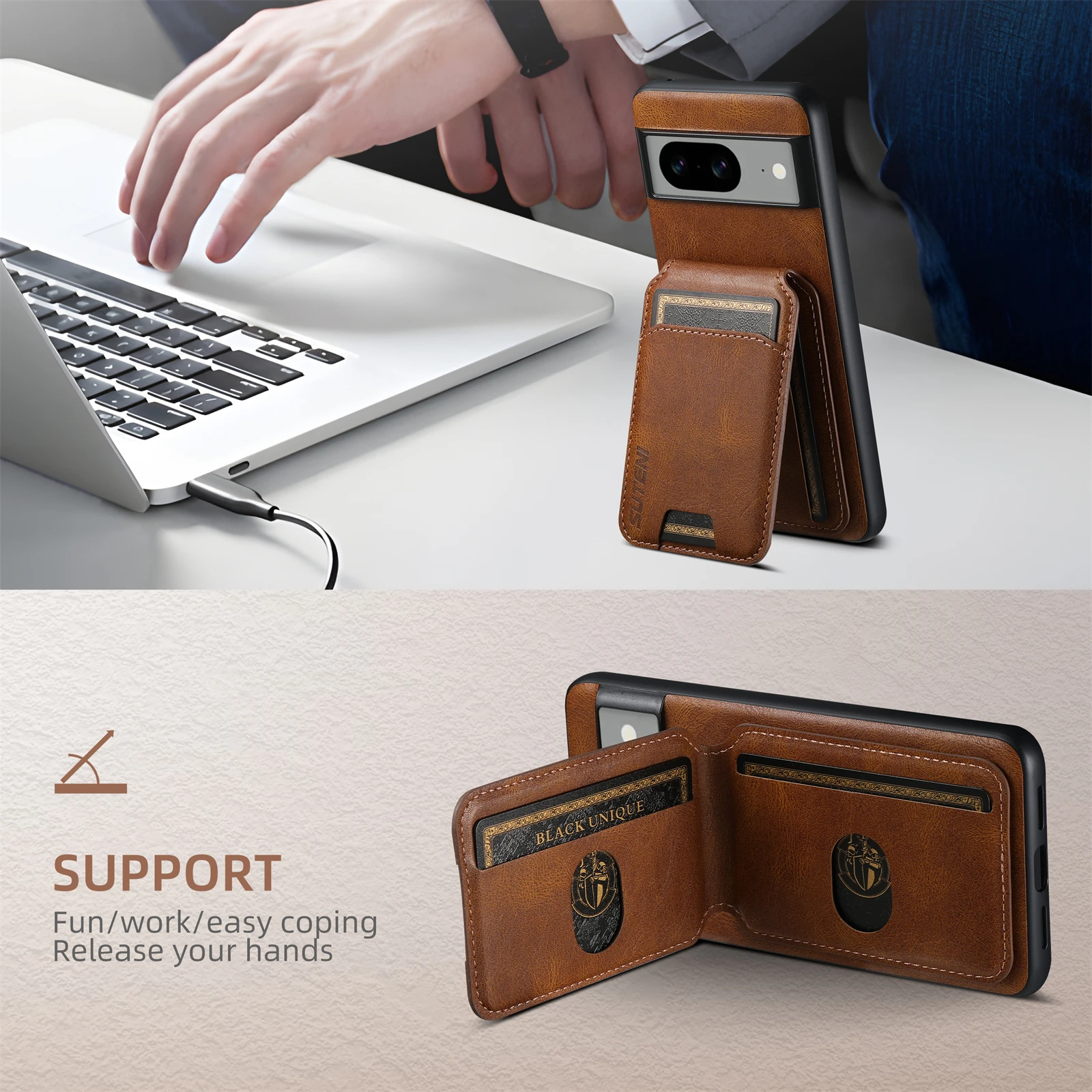 Color: black, Material: Microfiber - SUTENI Card Holder Leather Pocket Wallet Phone Case Stand For Google Pixel 8A 8Pro 7 7Pro 7A 6 6Pro 6A