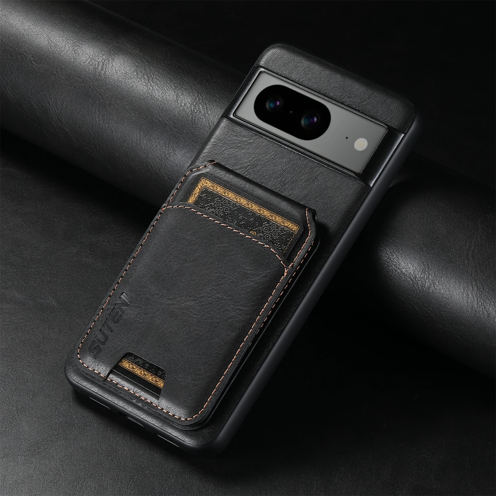 Color: black, Material: Microfiber - SUTENI Card Holder Leather Pocket Wallet Phone Case Stand For Google Pixel 8A 8Pro 7 7Pro 7A 6 6Pro 6A