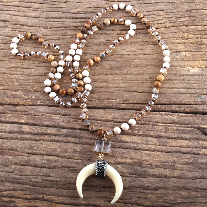 Metal Color: BRASS PLATED, Length: 45cm, Ships From: CHINA - Fashion Bohemian Jewelry Natural Stones Crystal Glass Knotted Ox Horn Moon Pendant Necklace Women Boho Necklaces  Girls
