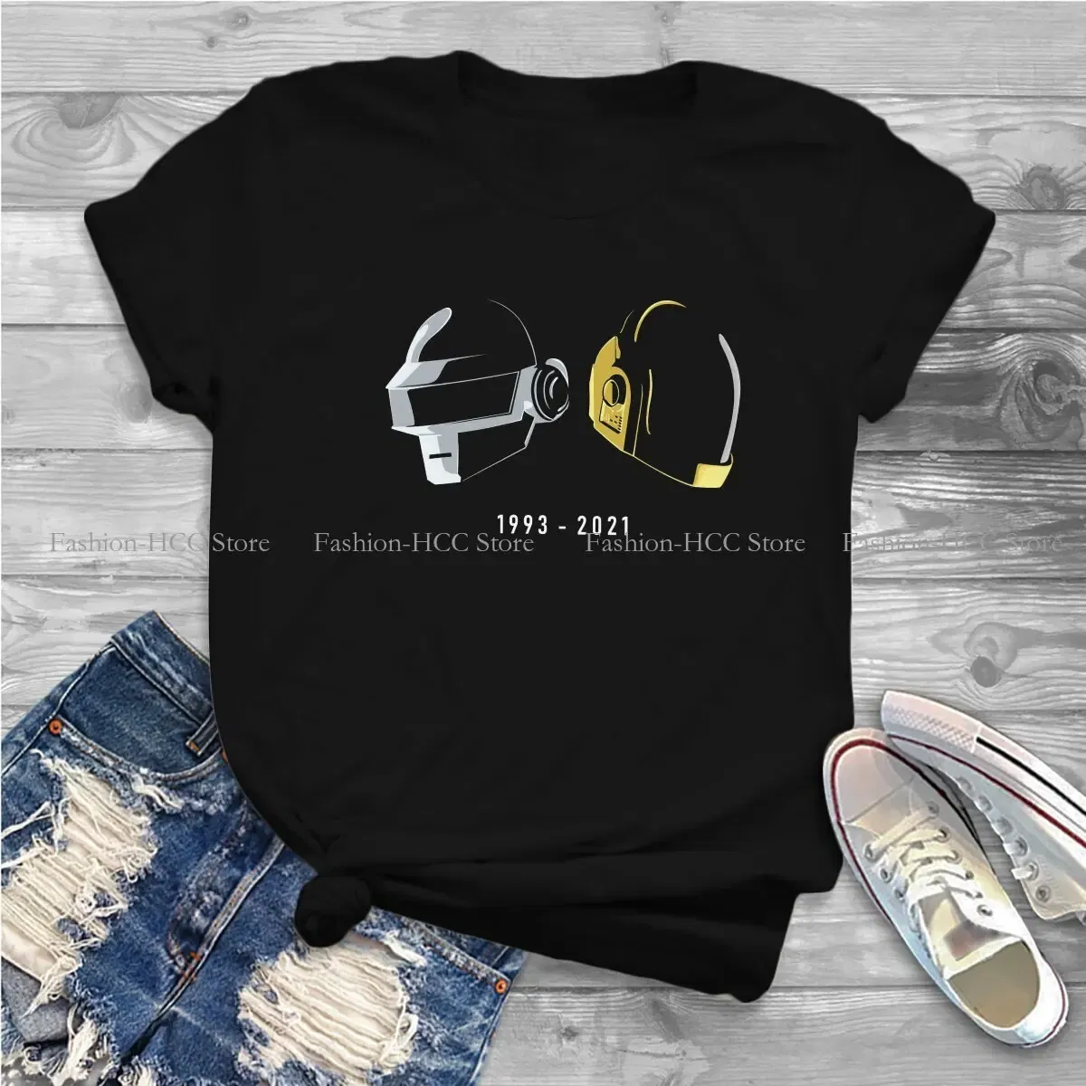 Color: WHITE, Size: M - Daft Punk Electronic Music Band Polyester TShirts Tribute Helmet Art Essential Distinctive Women's T Shirt Hipster Tops