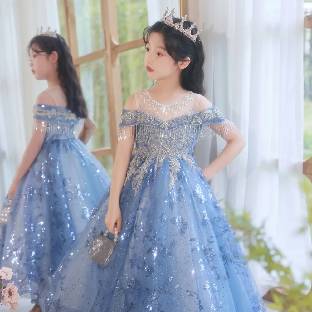 Color: Blue, Kid Size: 17 - Children's Dress Princess Dress Fluffy Gauze Flower Girl Heavy Industry Trailing Catwalk Small Host Piano Performance
