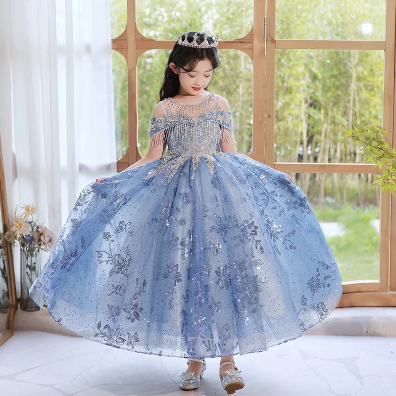 Color: Blue, Kid Size: 17 - Children's Dress Princess Dress Fluffy Gauze Flower Girl Heavy Industry Trailing Catwalk Small Host Piano Performance