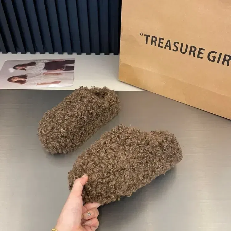 Color: Blue, Shoe Size: 39 - Thick Heel Luxury Lambwool Mules Winter Shoes Woman Flip Flops Flat Cover Toe Slides Ins Warm Curly Lamb Fur Slippers Women