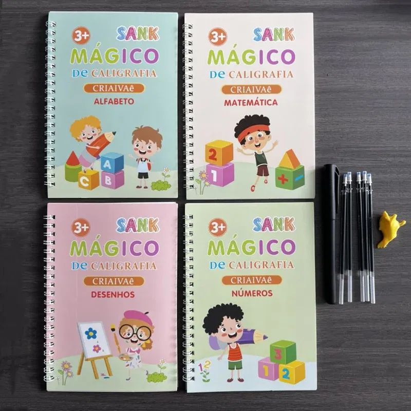 Color: pink - Magic Writing Book in Portuguese Calligraphy Notebook Montessori Kids Reusable Educational Calligraphic Letter Practice Toy