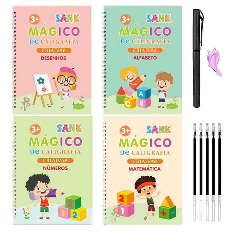 Color: pink - Magic Writing Book in Portuguese Calligraphy Notebook Montessori Kids Reusable Educational Calligraphic Letter Practice Toy