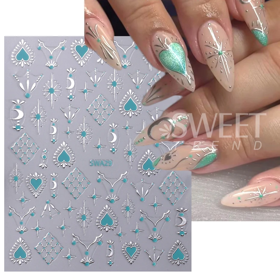 Color: green - Metallic Bohemian Style Nail Sticker Gold Silver Lace Lines Green Gem Love Heart 3D Holographic Manicure Sliders Nail Decoration