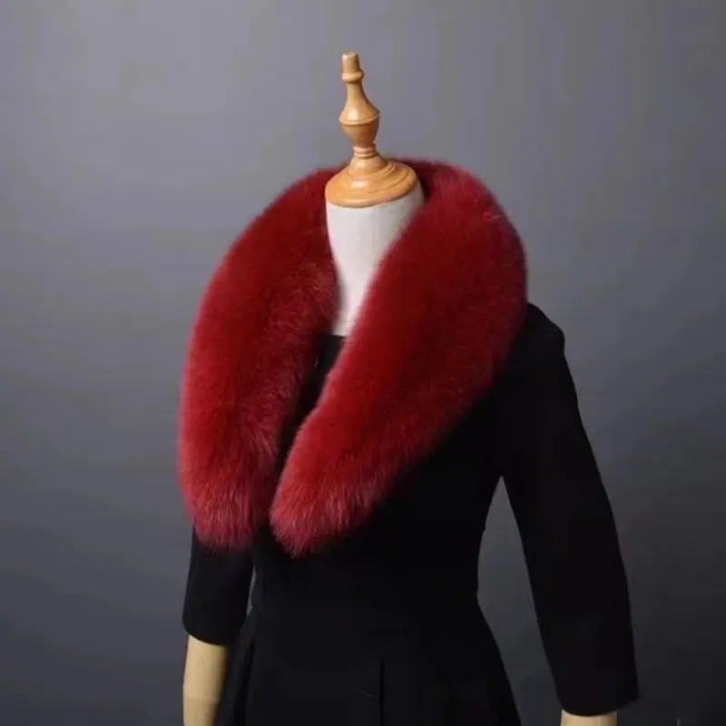 Color: wine red, Size: L - Winter Real Fox Fur Collar Woman Furry Natural Raccoon Fur Scarf Shawls Luxury Neck Warmer Wraps For Coat Fur Scarves Large Size