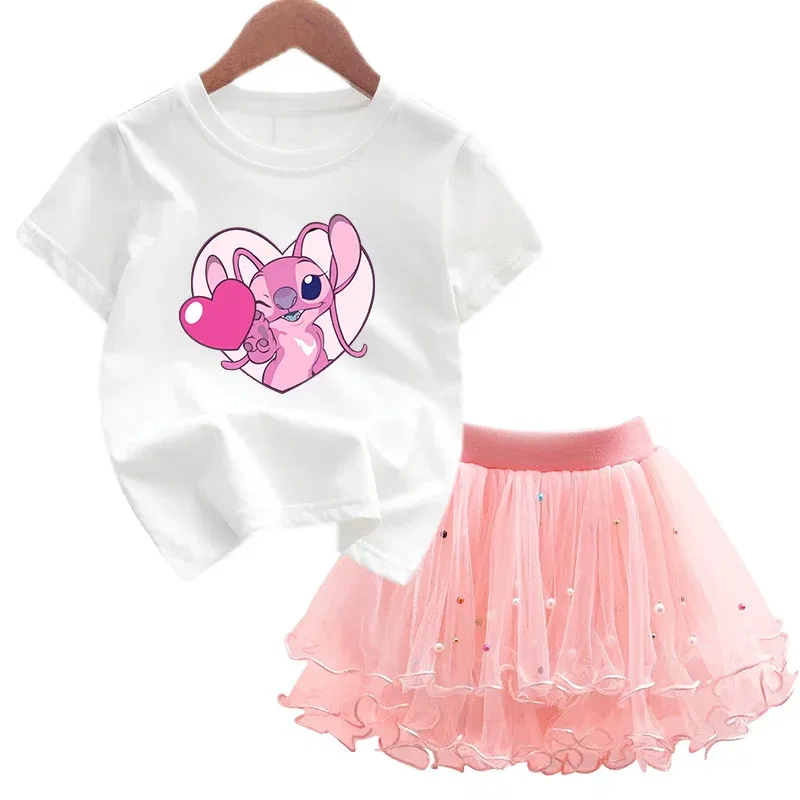 Color: SKY BLUE, Kid Size: 2T - 2pcs Lilo Stitch Summer Girls Outfits Cartoon T-shirt and Tutu Skirt Princess Clothes Suit Children Birthday Clothing Sets