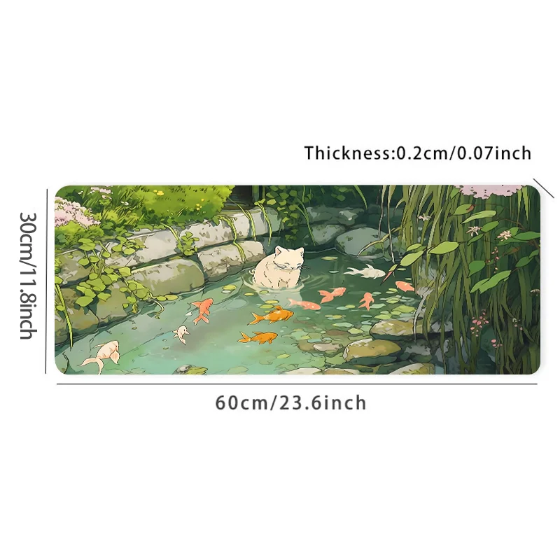 Size: 90x40 cm - Cute Cartoon Cat Fish Mouse Pad Green Large Computer Keyboard Pad Natural Rubber Anti-Slip Pad Perfect Gift for Girlfriend Women