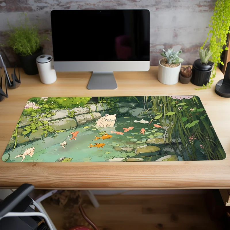 Size: 90x40 cm - Cute Cartoon Cat Fish Mouse Pad Green Large Computer Keyboard Pad Natural Rubber Anti-Slip Pad Perfect Gift for Girlfriend Women