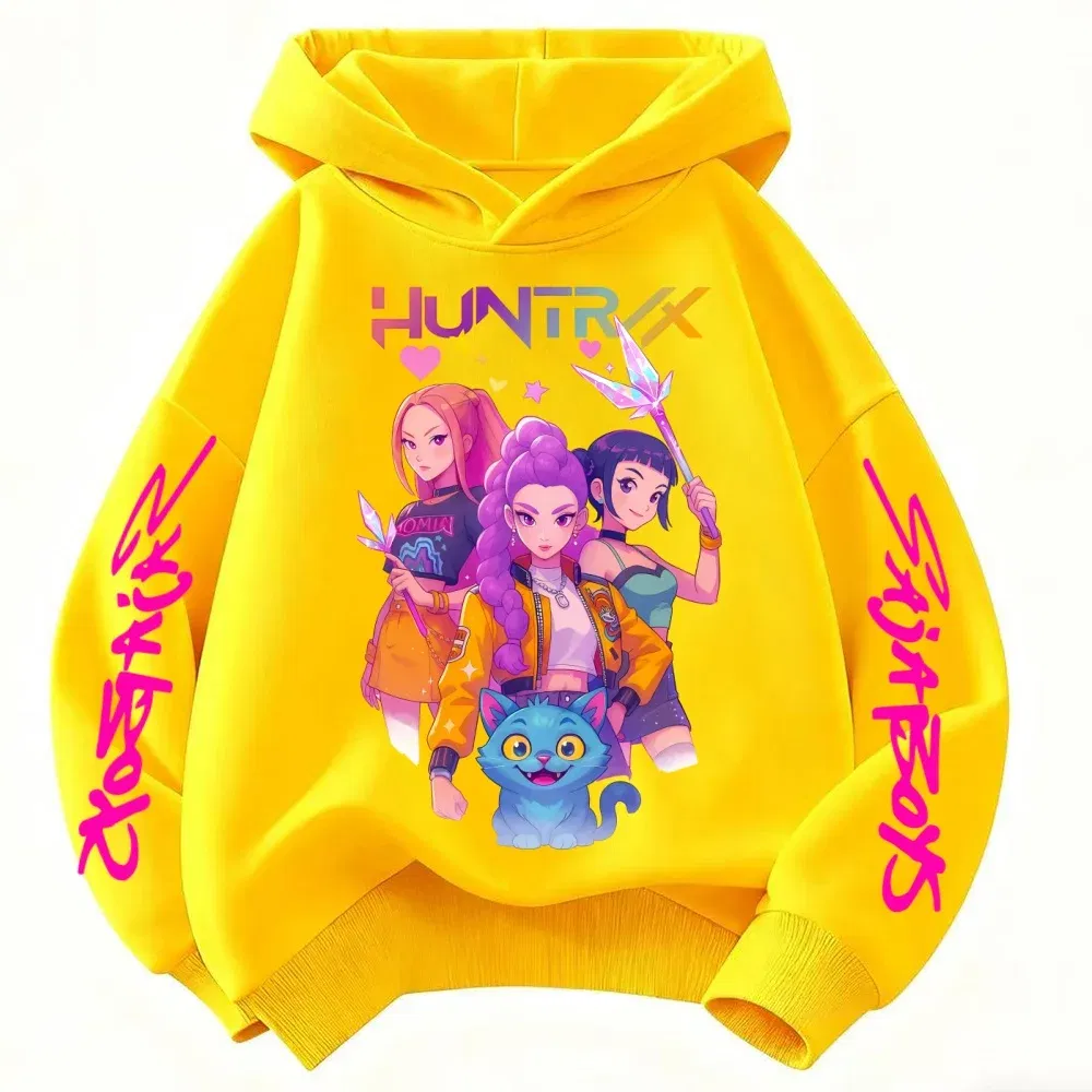 Color: Yellow, Kid Size: 4T - Movie KPop Demon Hunters Rumi Mira Zoey Graphic Hoodie Men's Women Korean Fashion Trend Streetwear Unisex Casual Fleece Pullover
