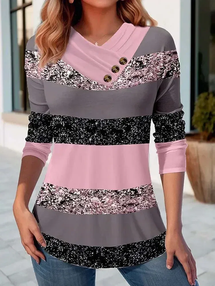 Color: Gold, Size: M - Autumn Striped Color Pullover Sweater Women Casual Fashion Slim Tees T-Shirt Long Sleeve v Neck Button Ladies Tops Blouse