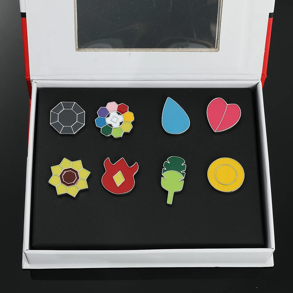 Metal color: Imitation Rhodium Plated - Pokemon Gym Badges Kanto Johto Hoenn Sinnoh Unova Kalos League Region Orange Islands Pins Brooches Box Set Pocket Monster