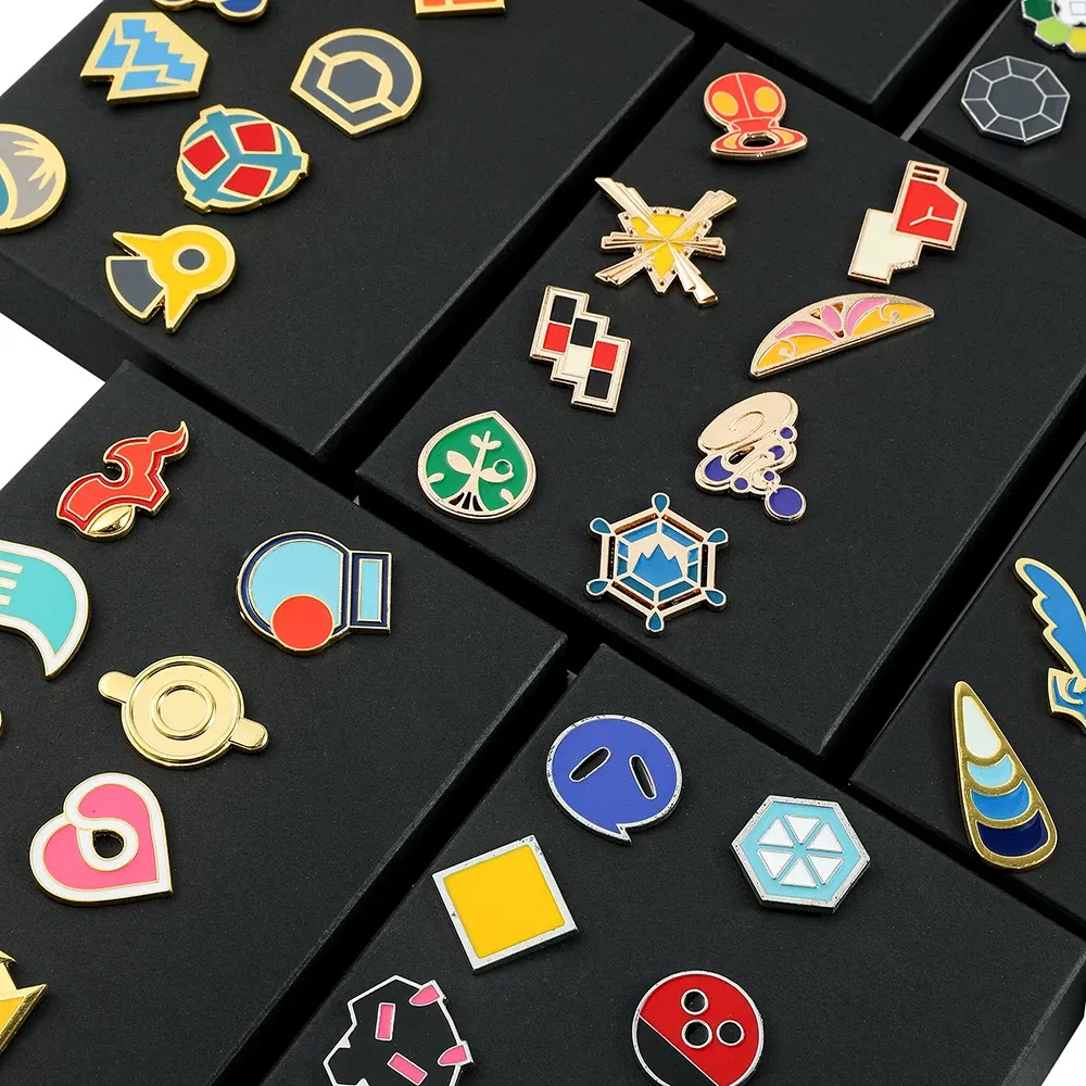 Metal color: Imitation Rhodium Plated - Pokemon Gym Badges Kanto Johto Hoenn Sinnoh Unova Kalos League Region Orange Islands Pins Brooches Box Set Pocket Monster