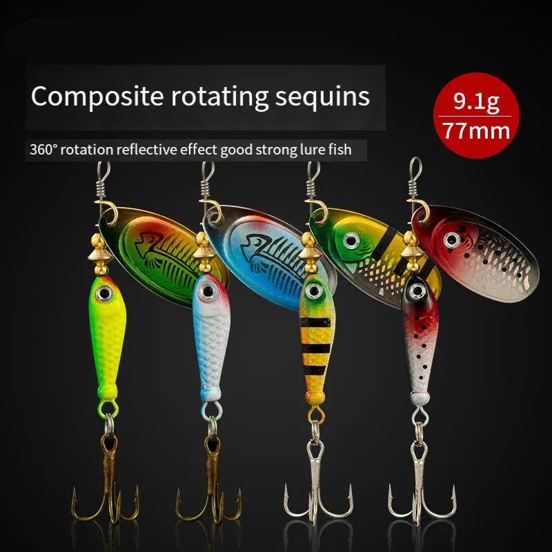 Color: Red - Rotating Metal Spinner Fishing Lures 9.1g 7cm Sequins Iscas Artificial Hard Baits Crap Bass Pike Treble Hook Tackle Accessories