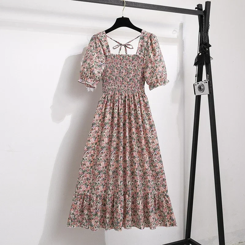 Color: Coffee, Size: One Size - Spring Summer Chiffon Dresses Fashion Female Elastic Waist Short Sleeve Pleated Casual Dress Women A-line Dresses Vestidos