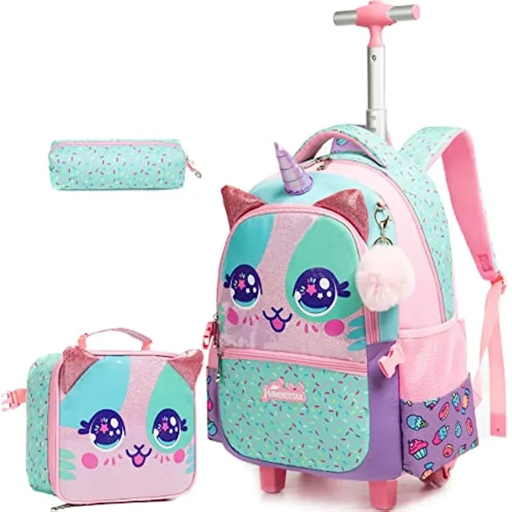 Color: PURPLE, Ships From: CHINA - BIKAB Kids Rolling Backpack for Girls Cute Sequin Cat Backpacks with Wheels for Elementary Students with Lunch Box for Girls