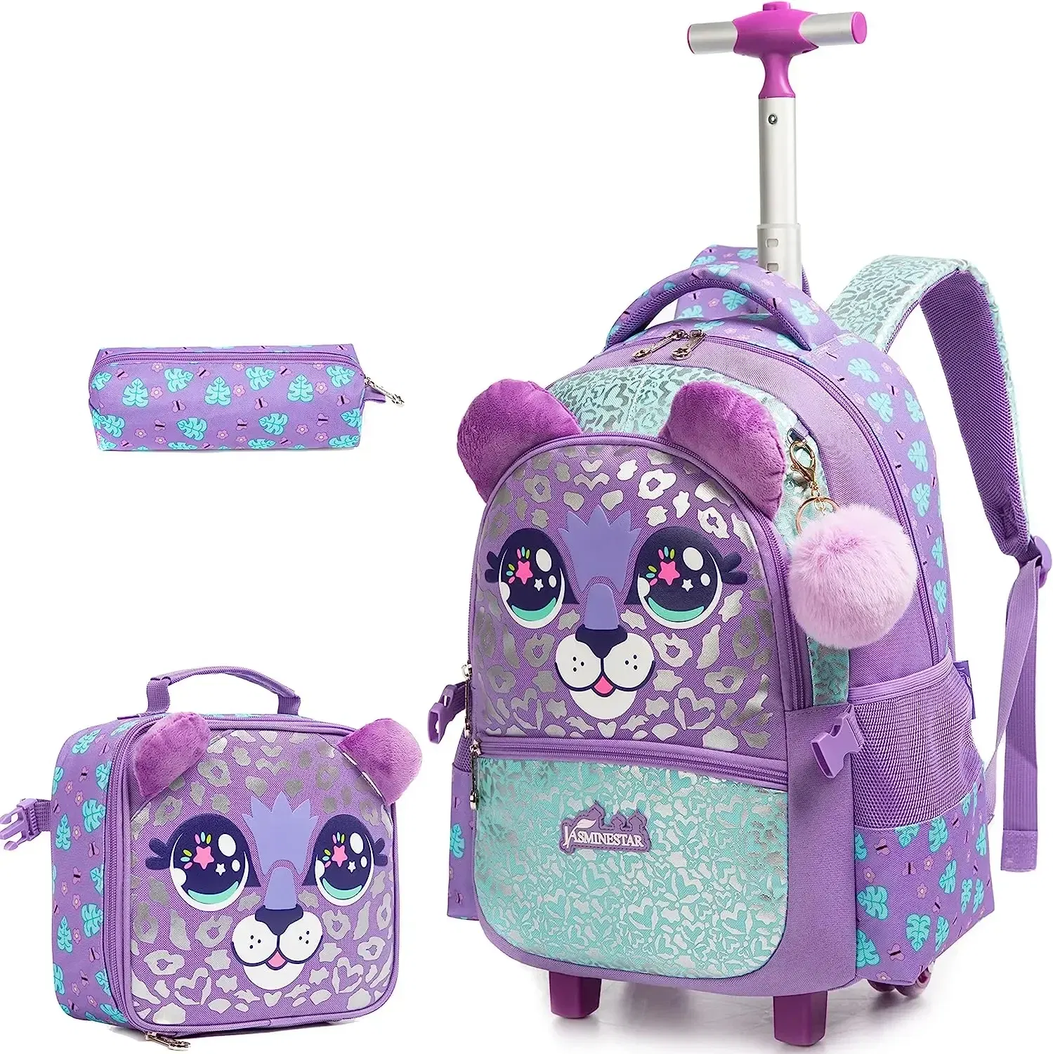 Color: PURPLE, Ships From: CHINA - BIKAB Kids Rolling Backpack for Girls Cute Sequin Cat Backpacks with Wheels for Elementary Students with Lunch Box for Girls