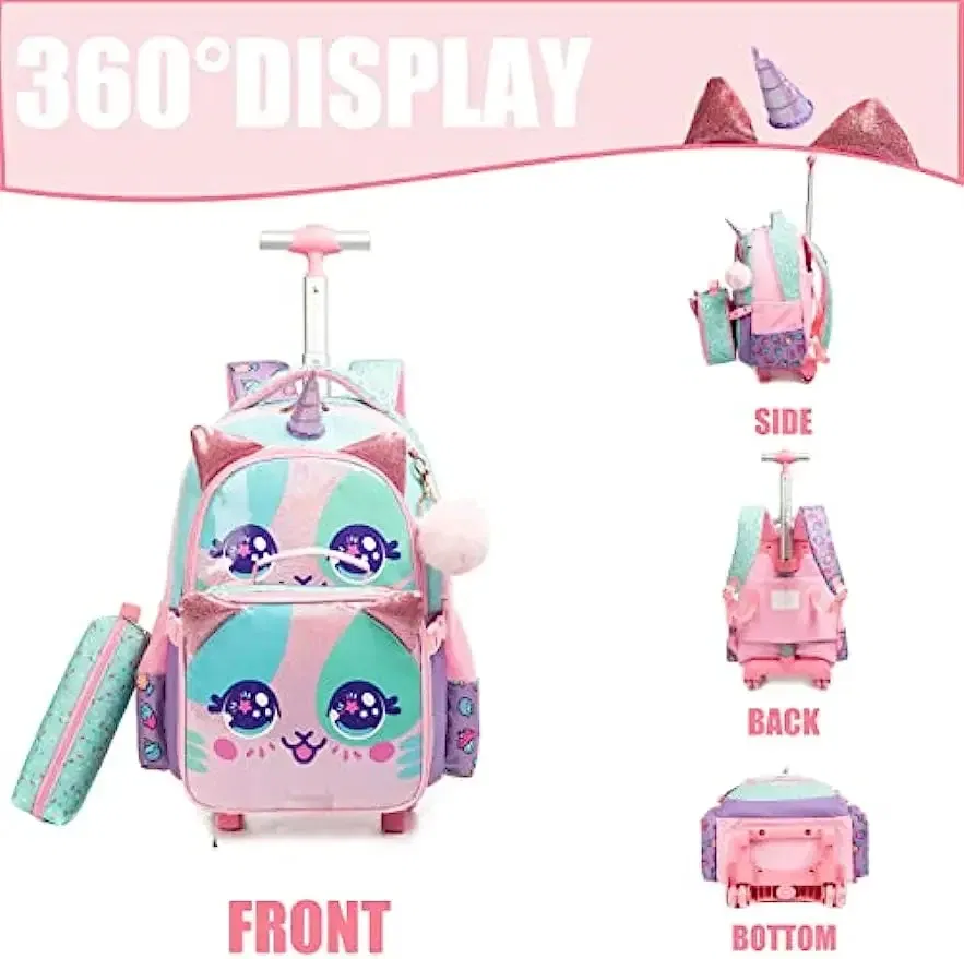 Color: PURPLE, Ships From: CHINA - BIKAB Kids Rolling Backpack for Girls Cute Sequin Cat Backpacks with Wheels for Elementary Students with Lunch Box for Girls