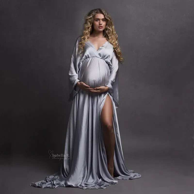 Color: army green - Boho Maternity Photography Props V Neck Dresses Free Size Adjustable Soft Pregnancy Photo Shoot Sides Slit For Baby Shower
