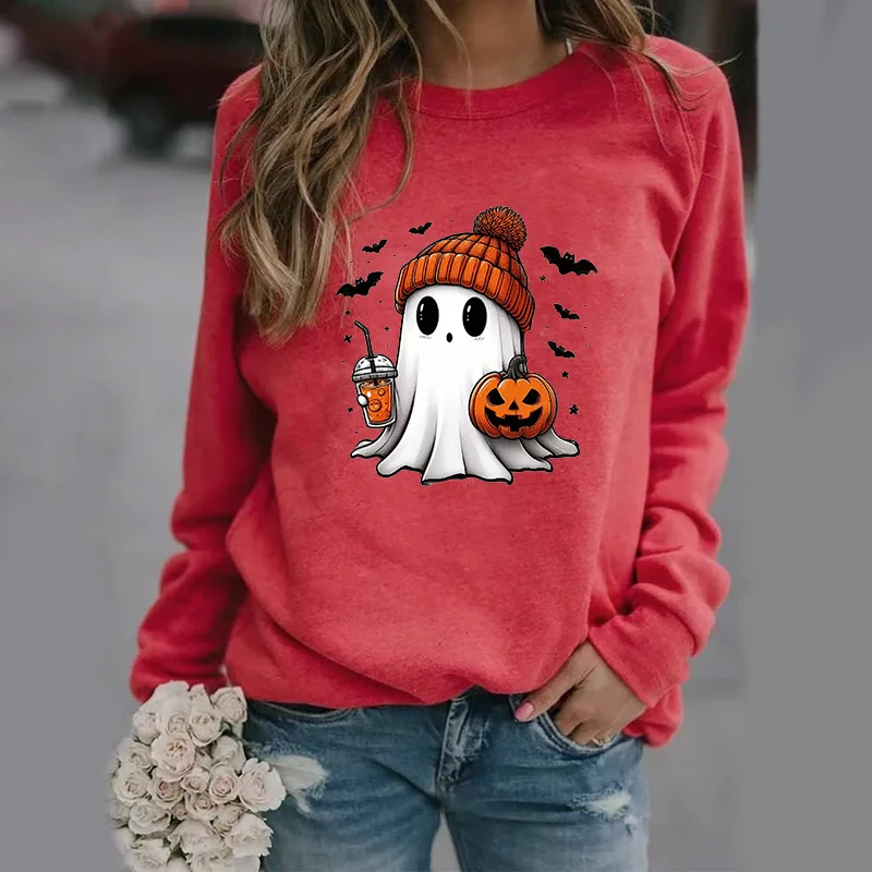 Color: Red, Size: XXXL - Cute Ghost Pattern Sweater Women's Casual Halloween Ghost Harajuku Pullover Fall Women's Tops