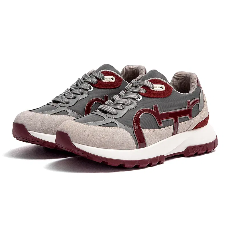 CHCH Women's Casual Shoes 2024 New Wine Red Retro Cow Leather Splicing Design Walking Shoes Skeleton Correction