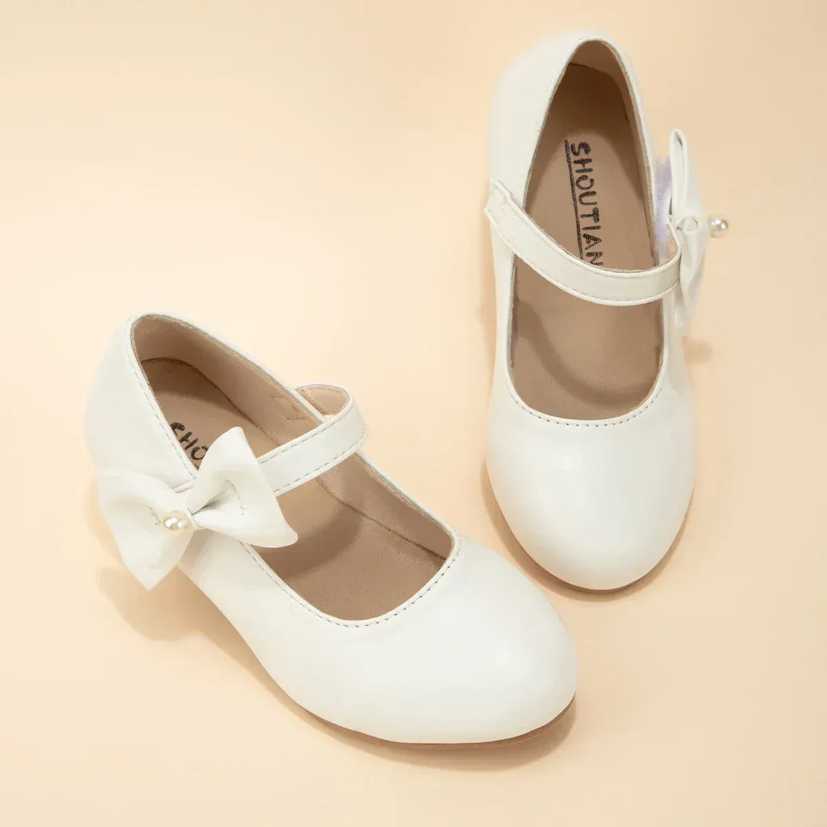 Shoe Size: 32, Color: WHITE - Children's Bowknot Wedding Party Princess Shoes Big Kids White Gold Dance Dress Shoes Small Square Heel Children's Shoes