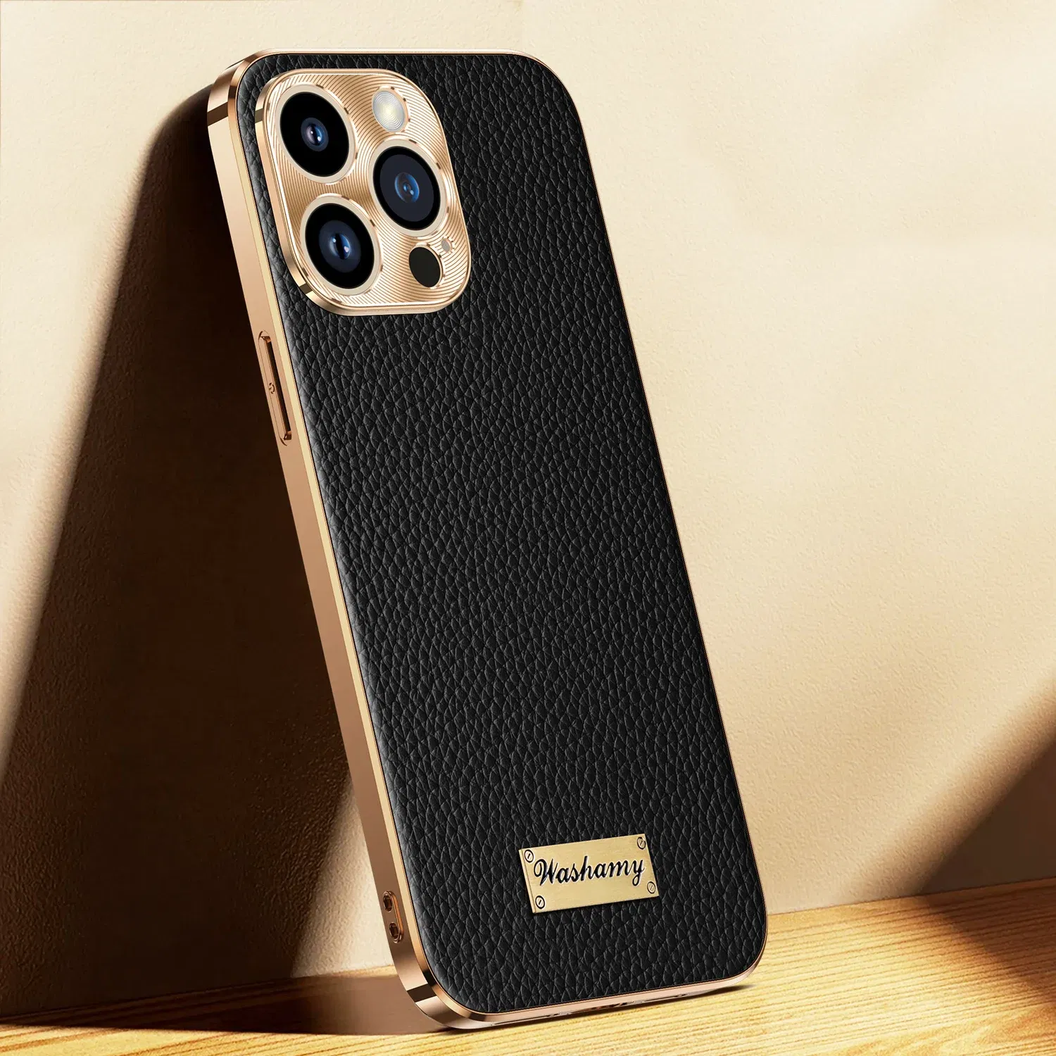 Color: black, Compatible-Phone Models: For iPhone 16 Pro - Luxury Genuine Leather Phone Case For iPhone 15 14 13 Pro Max Plating Soft Silicone Frame Shockproof Cover For iPhone 16 Pro Max