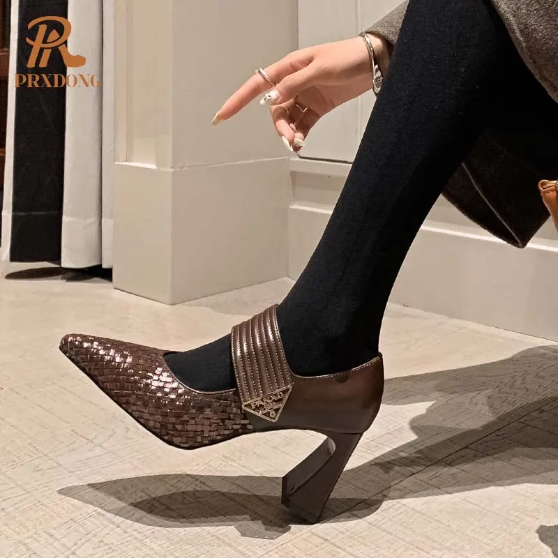 Color: Brown, Shoe Size: 34 - PRXDONG Genuine Leather Women Pumps 2025 New Spring Summer High Heels Pointed toe Black Brown Dress Party Female Shoes Size 40