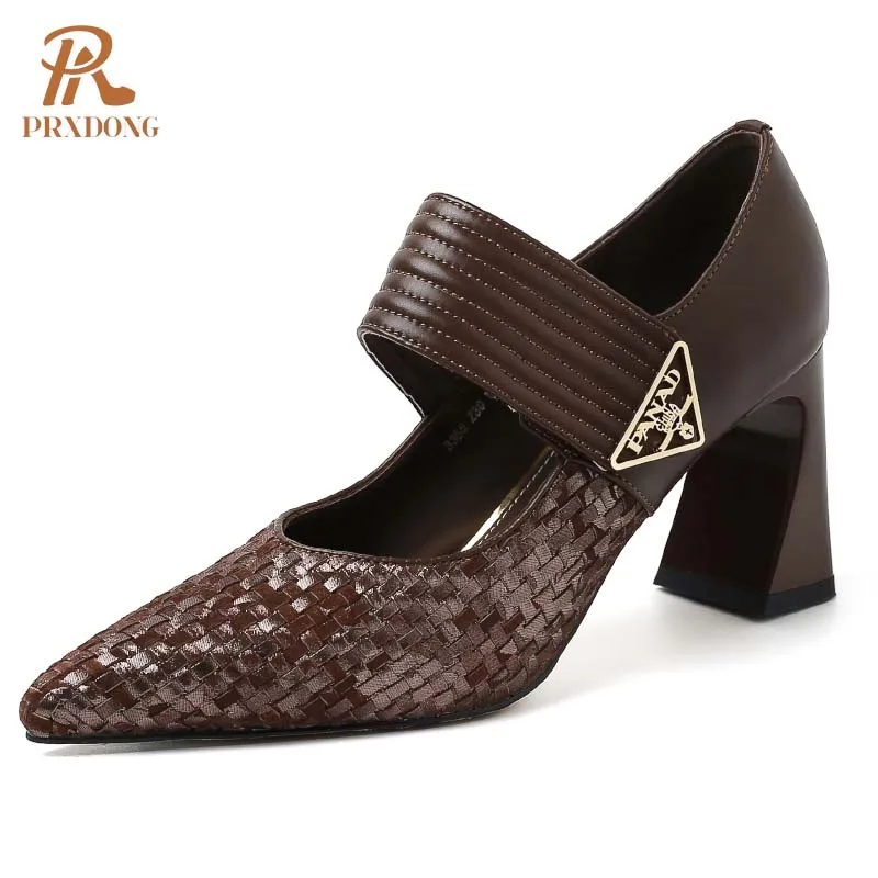 Color: Brown, Shoe Size: 34 - PRXDONG Genuine Leather Women Pumps 2025 New Spring Summer High Heels Pointed toe Black Brown Dress Party Female Shoes Size 40