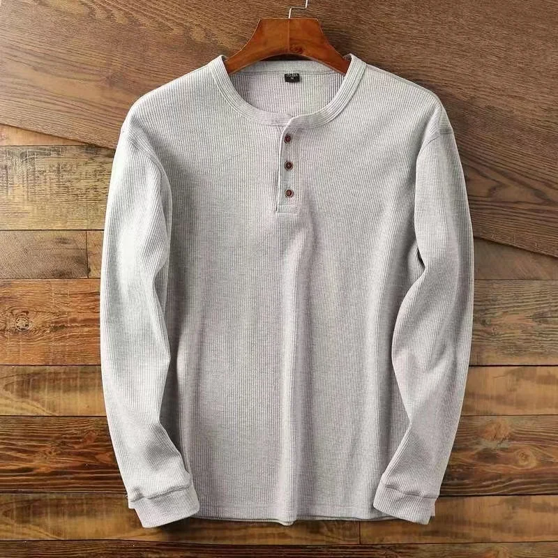 Color: GRAY, Size: XS, Ships From: CHINA - Slim Fit Mens Basic Tee Casual Tshirts Henley Waffle Long Sleeve Shirts Thermal Solid Half Button Breathable 100% Cotton Shirts