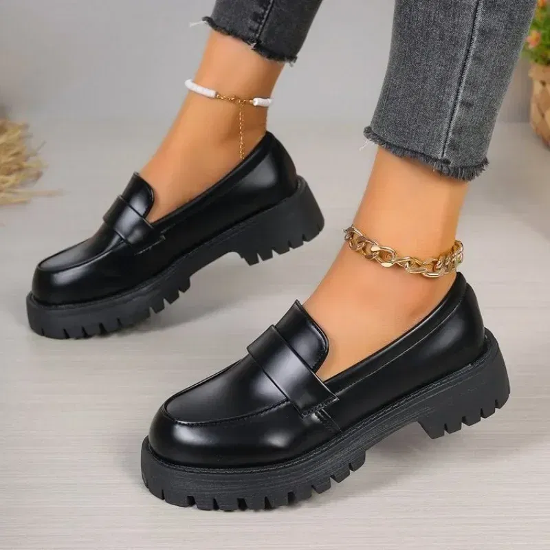 Color: black, Shoe Size: 40 - British Style Platform Loafers Women 2025 Plus Size Round Toe Single Shoes Woman Thick Bottom Pu Leather Shoes Mujer