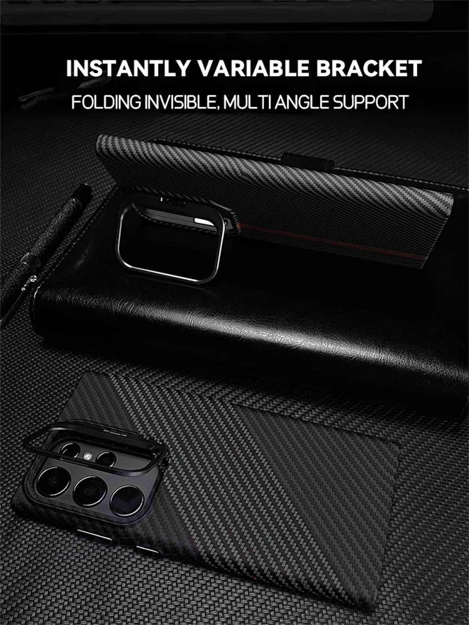 Color: black, Material: Nylon - Magnetic Pixel Carbon Fibre Pattern Slim Case For Samsung Galaxy S24 Plus S23 Ultra Luxury Shockproof Hard Cover Stand Metal Len