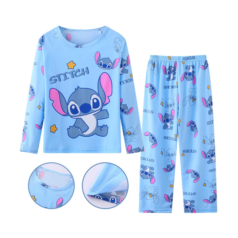 Color: Beige, Kid Size: 11 - New Pajama Boys Girls Pajamas Stitch Clothing Sets Kids Long Sleeve +Pant 2Piece Children Home Clothing Girl Nightgown