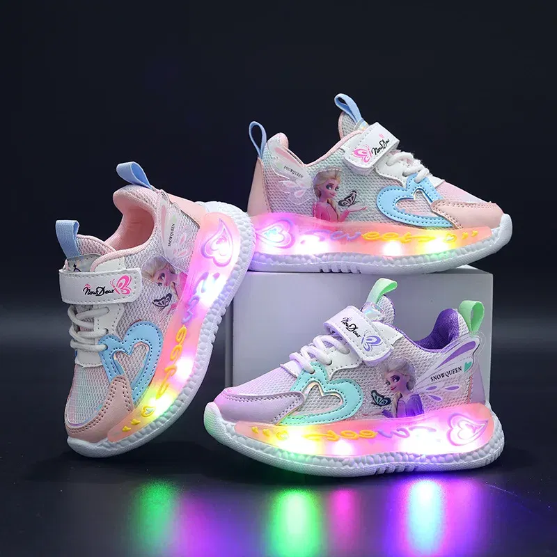 Color: Pink, Shoe Size: 19 - Disney Children Led Shoes Kids Girls Sneakers Frozen Elsa Princess Lighting Shoes Pink Purple Casual Sports Shoes Size 21-31