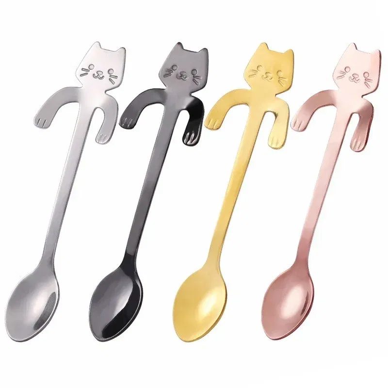 Color: Red - Stainless Steel Coffee Spoon Lovely Cute Cat Shape Teaspoon Dessert Snack Scoop Ice Cream Mini Spoons Tableware Kitchen Tools