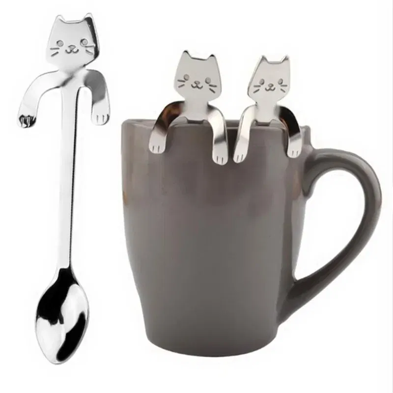 Color: Red - Stainless Steel Coffee Spoon Lovely Cute Cat Shape Teaspoon Dessert Snack Scoop Ice Cream Mini Spoons Tableware Kitchen Tools