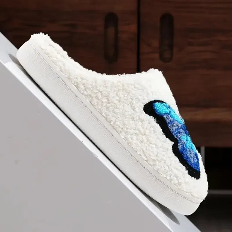 Color: Blue, Shoe Size: 36-37 - Lucyever Butterfly Embroidery Plush Woman Slippers Non Slip Soft Home Slides Shoes Women Winter Comfy Warm Cotton Shoes Female