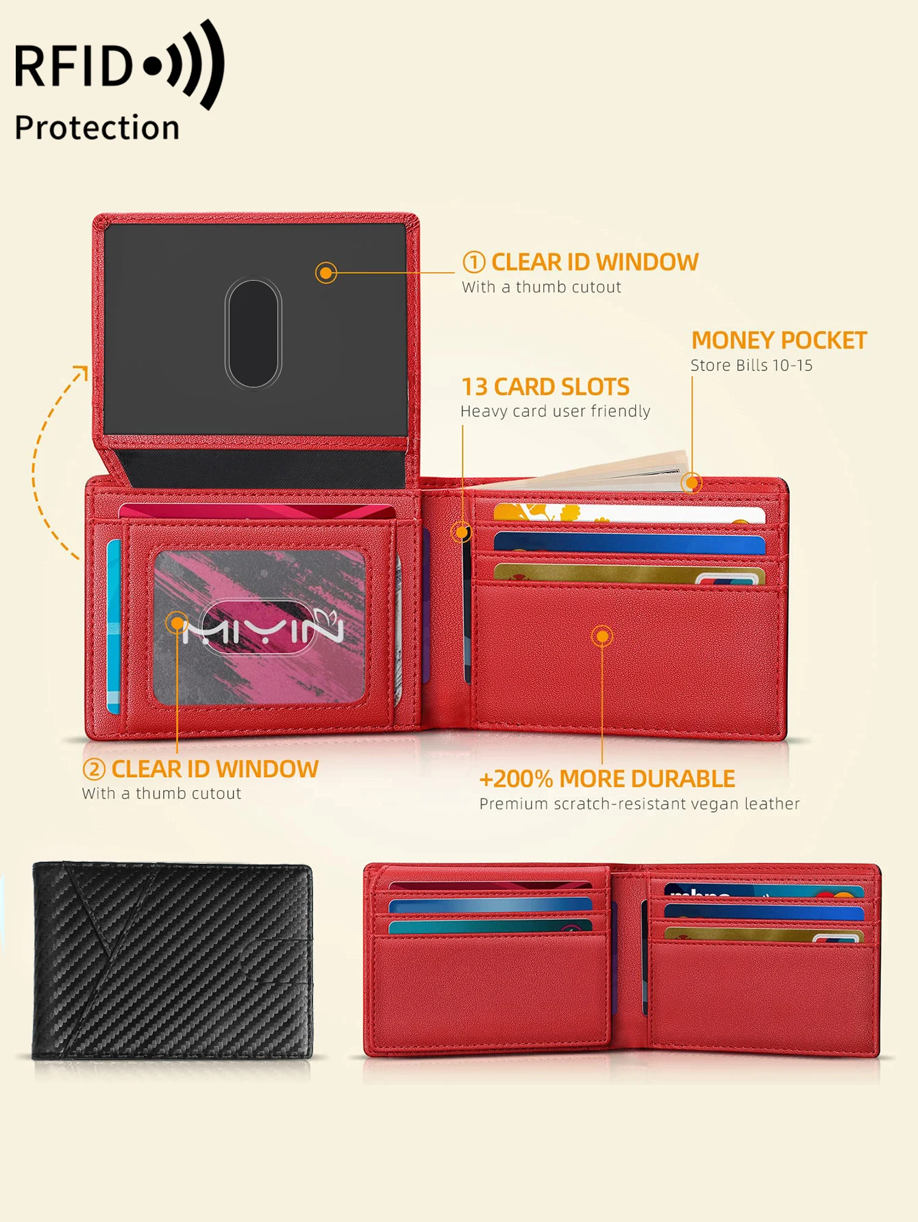 Color: Red - RFID Carbon Fiber Ultra-thin Trifold Wallet Simple Front Pocket Design Wallet Multi-function Portable 8 Card Slots Men's Wallet