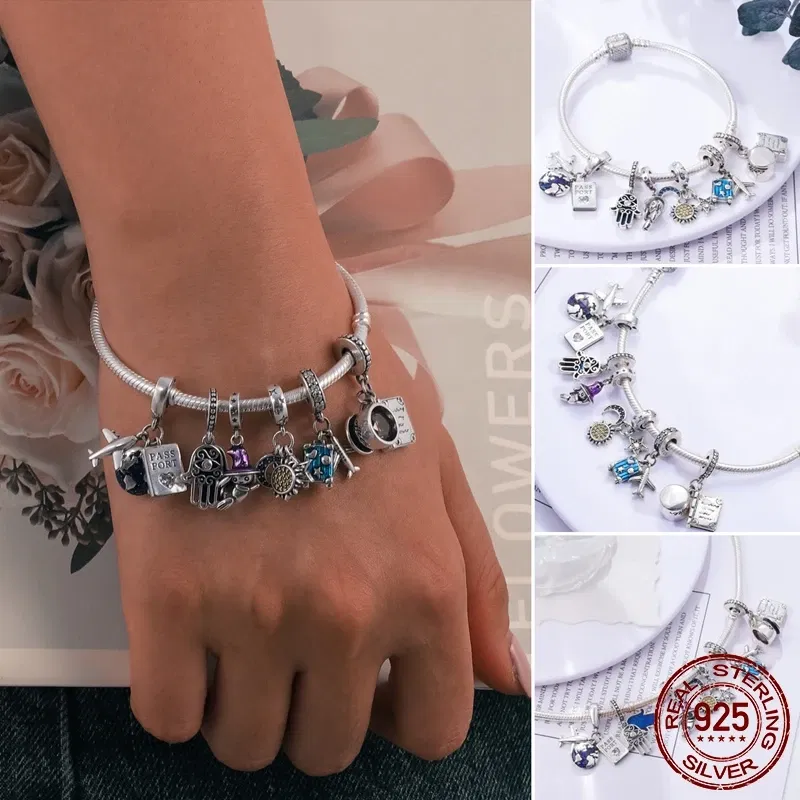 Gem Color: PEACOCK BLUE, Length: 17cm - Original 925 Sterling Silver Bracelet Star Heart Clasp Snake Chain Rose Gold DIY Beads Charms Bracelets For Women Luxury Jewelry