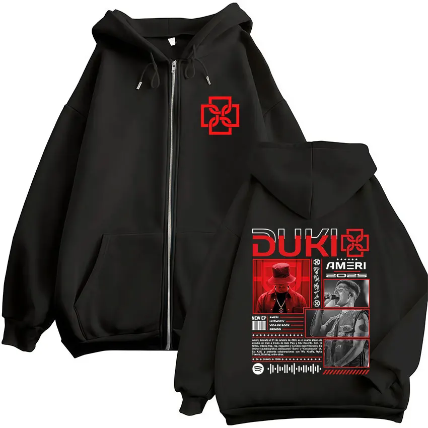 Color: black, Size: S - Rapper Duki Ameri World Tour 2025 Zipper Hoodies Men Women Clothing Fashion Hip Hop Zip Up Hooded Oversized Sweatshirts Jackets