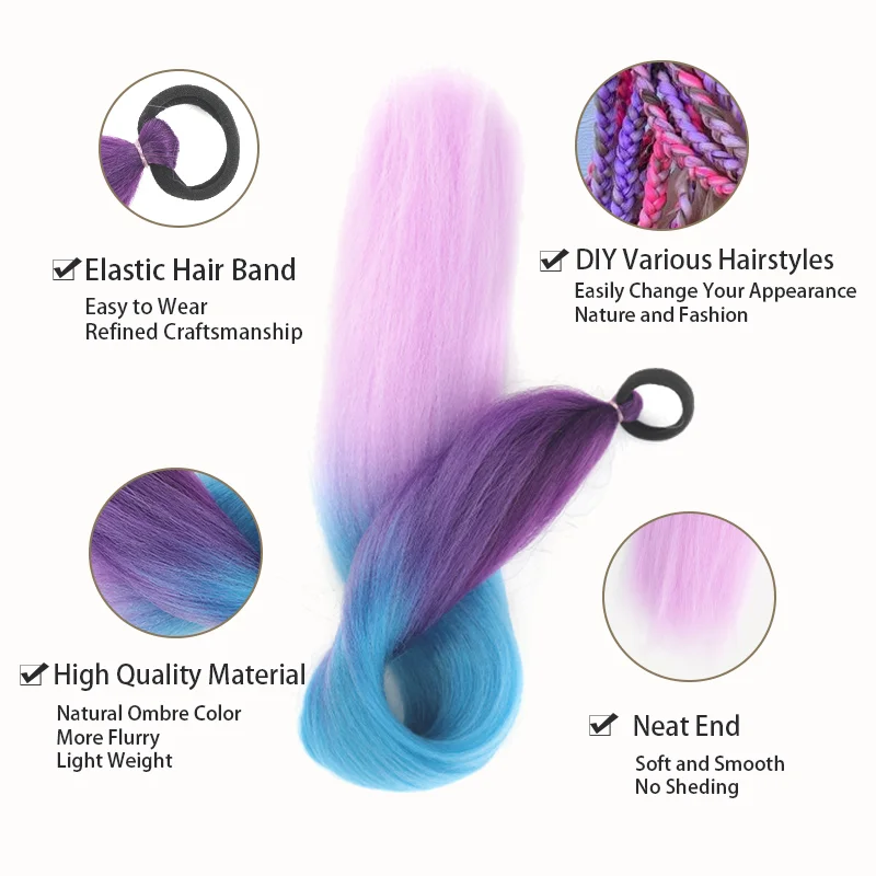 Color: P2/613, Stretched Length: 26inches - LUPU Synthetic Ponytail Extension with Elastic Tie Hair Band 26" Long Straight Colored Braiding Ponytail Ombre Pink Purple Blue