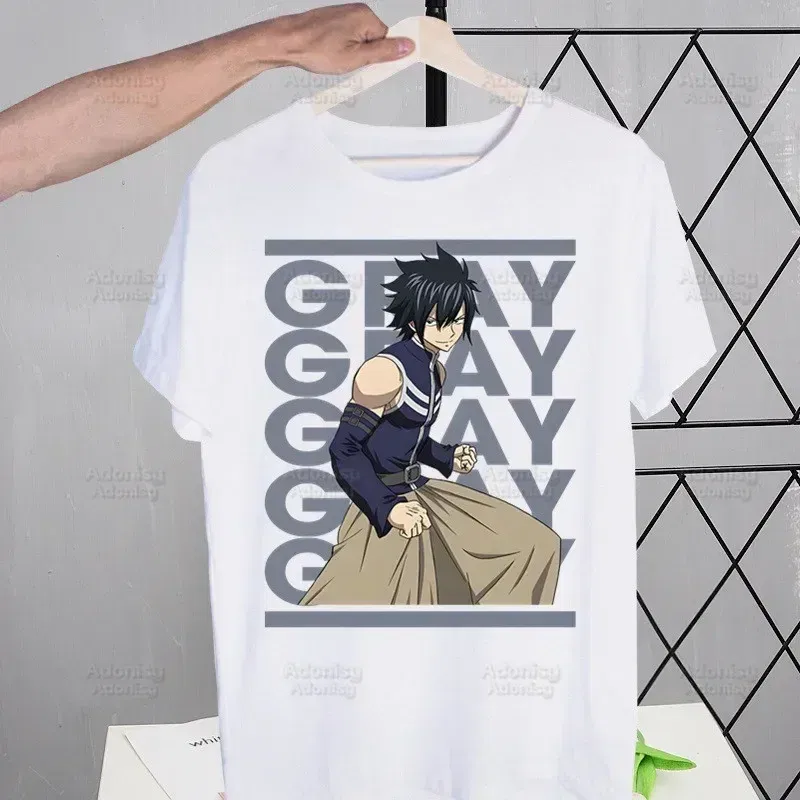 Color: GRAY, Size: S - Anime Fairy Tail Cartoon Natsu Erza Gray Lucy T-shirts Summer Men/Women Hip Hop Tshirt Streetwear t shirts Short Sleeve Tops