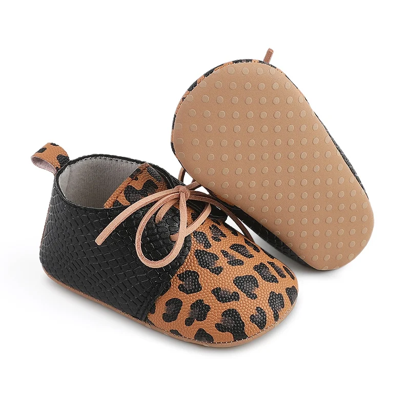 Color: Army Green, Shoe Size: 1 - Toddler Soft Bottom Non-Slip First Walkers Baby Boys Girl Solid Leather Shoes Newborn Retro Leopard Print Bowknot Design Sneaker